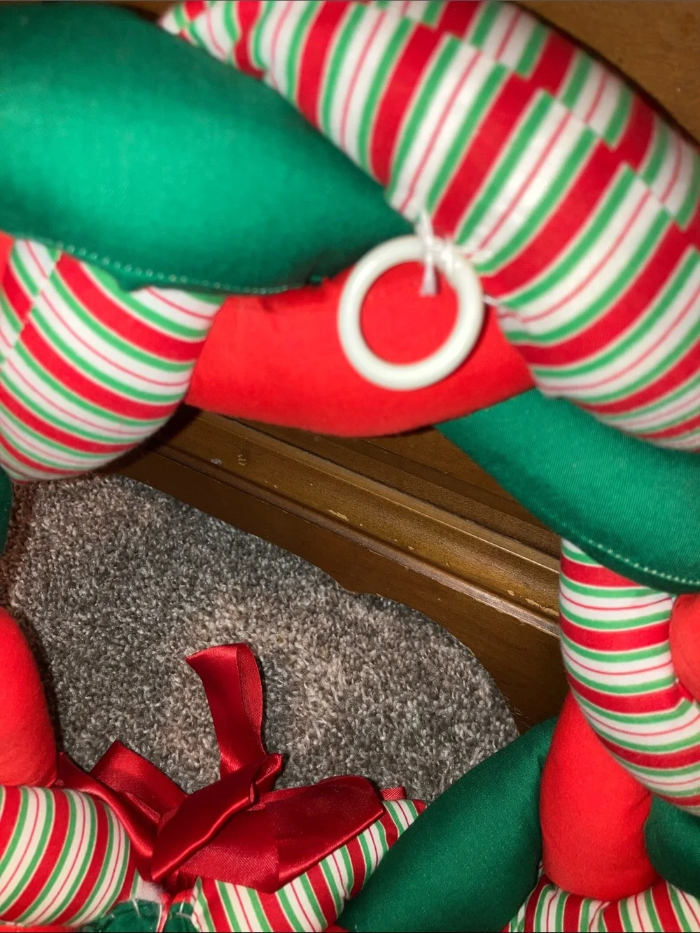 Handmade Holiday Braided Red & Green Wreath with Striped Accents 12”